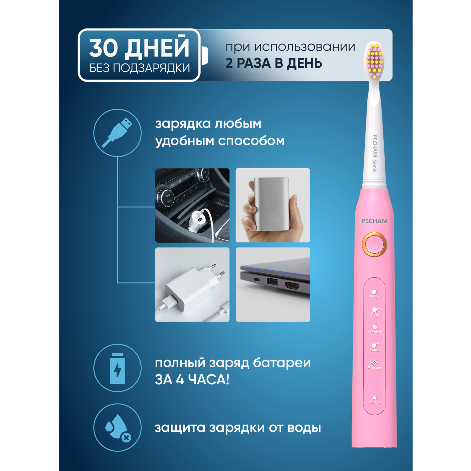 Электрическая зубная щетка PECHAM Sonic Pink - фото 4