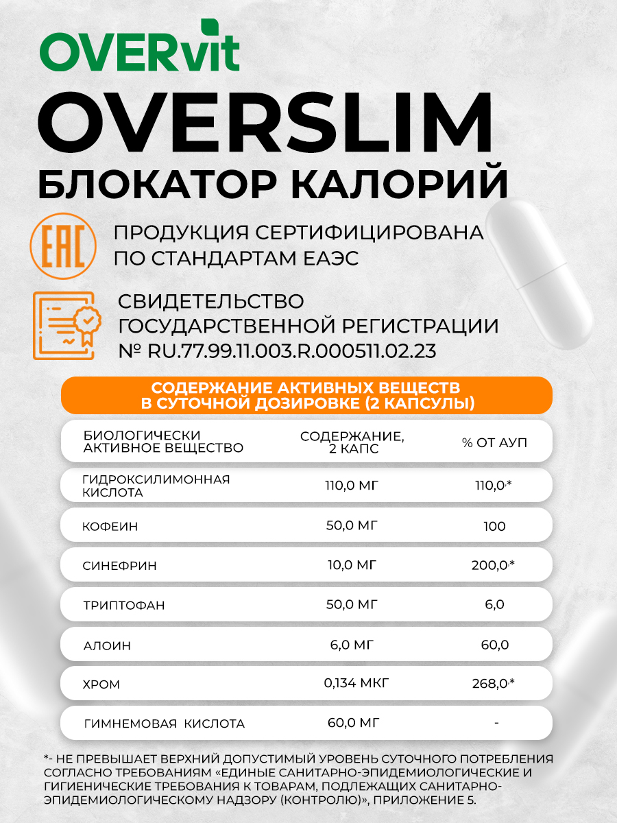 Блокатор калорий OVER БАД Для похудения и улучшения метаболизма 60 капсул - фото 6