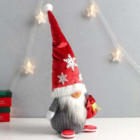 Кукла интерьерная Зимнее волшебство «Дед Мороз с мешком бархатный красный колпак со снежинками» 48х20х15 см