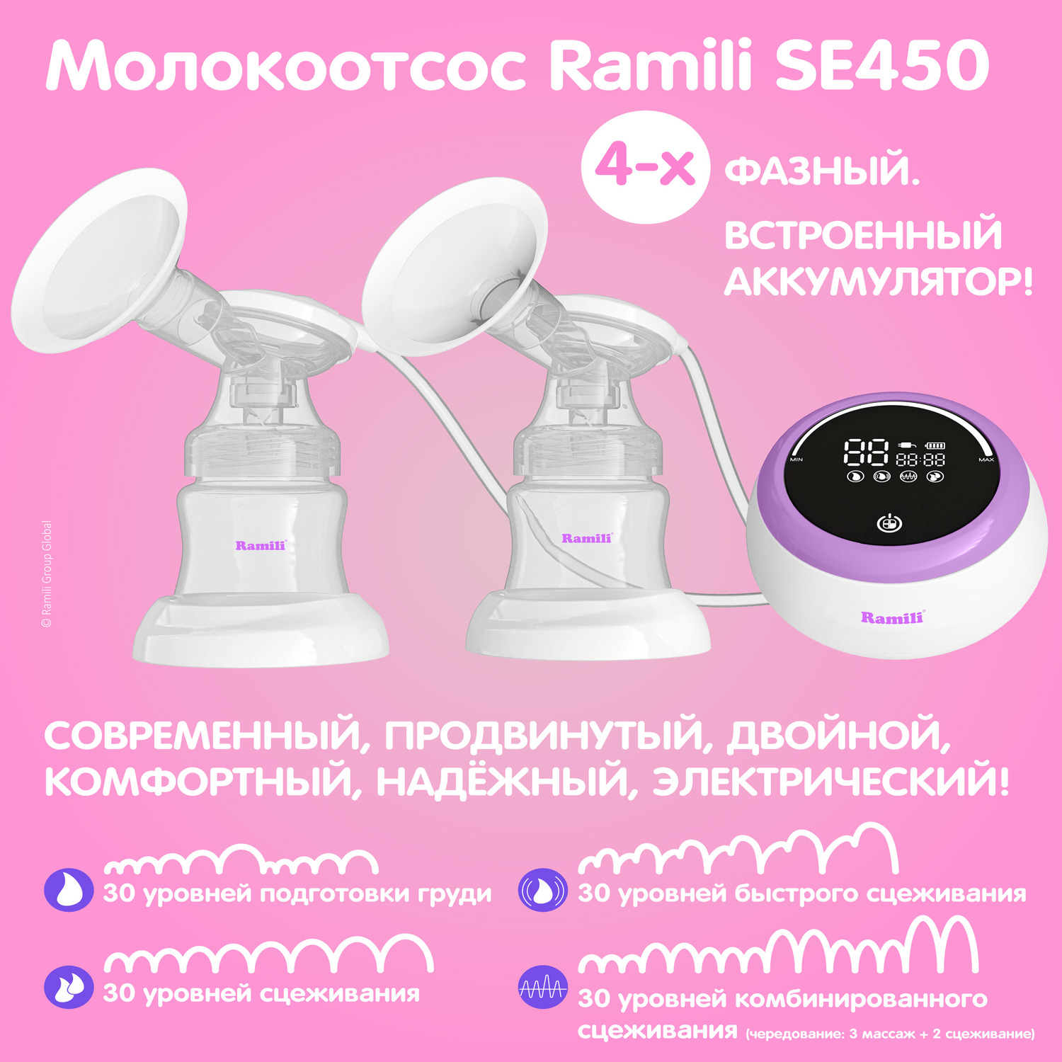 Электрический молокоотсос Ramili Четырехфазный двойной SE450 / профессиональный - фото 2