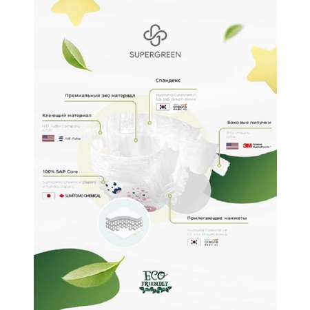 Подгузники SUPERGREEN Premium baby Diapers L размер 4 упаковки по 44 шт 9-13 кг ультрамягкие