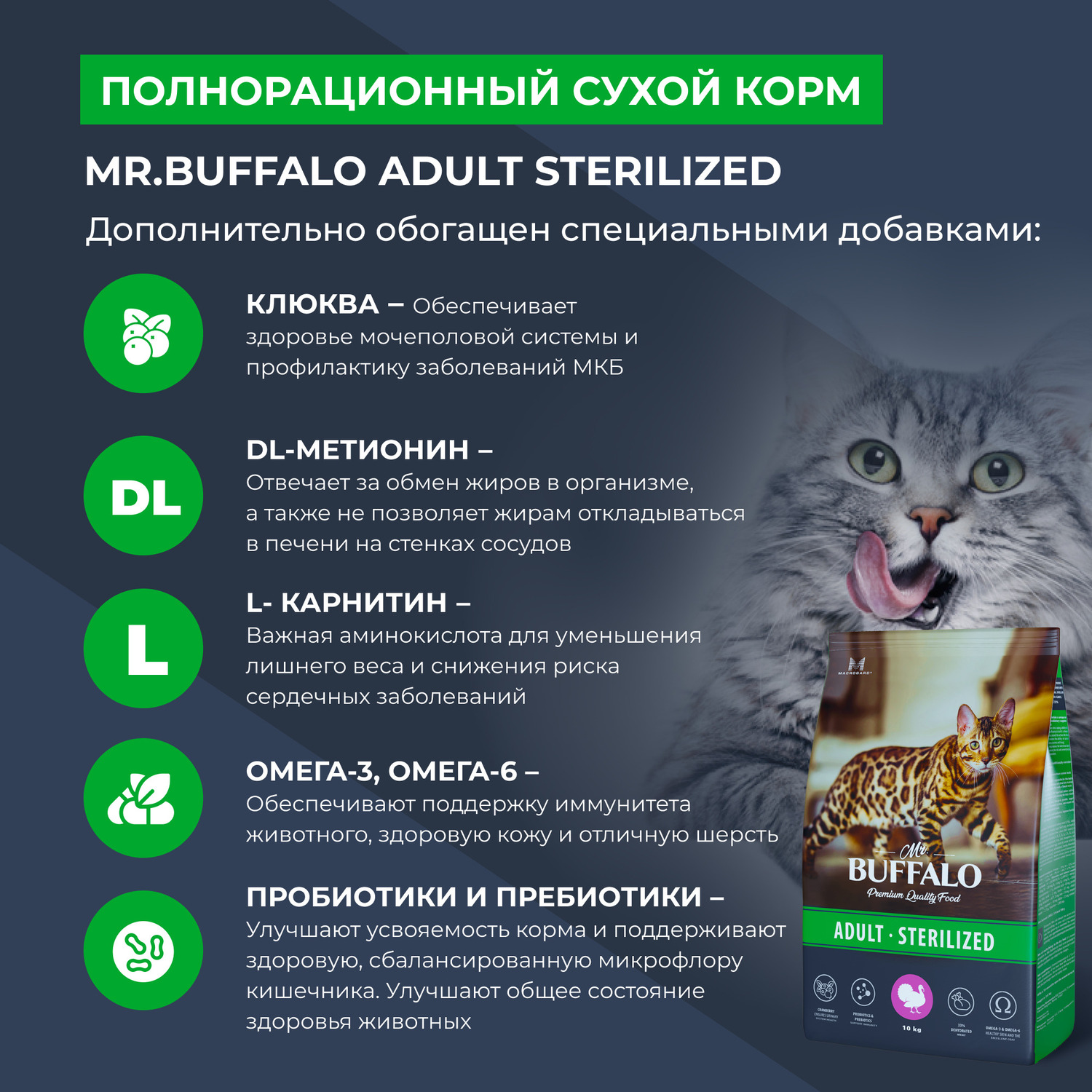 Сухой корм для кошек Mr.Buffalo 10 кг (для стерилизованных и кастрированных) - фото 4