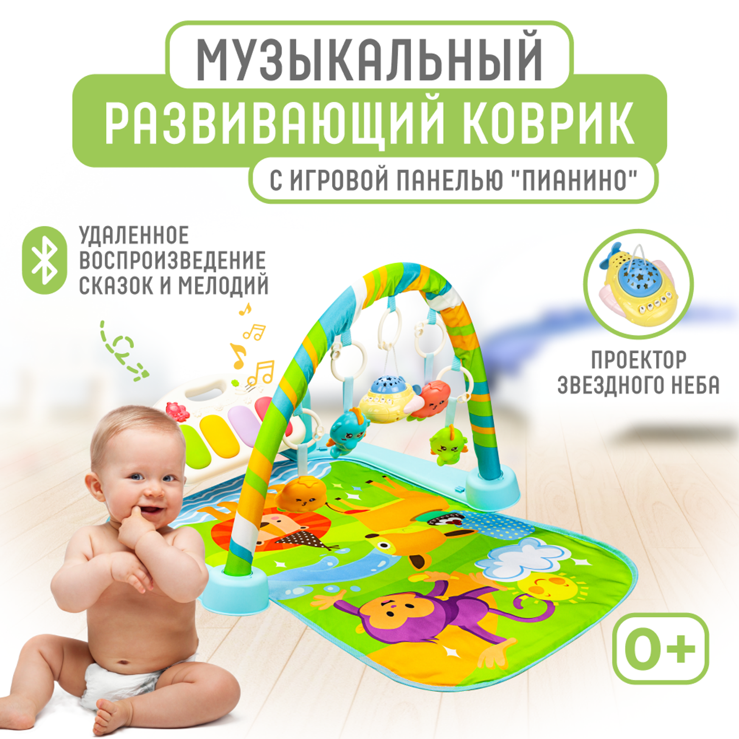 Развивающий музыкальный коврик Solmax для новорожденных с проектором и Bluetooth голубой - фото 1