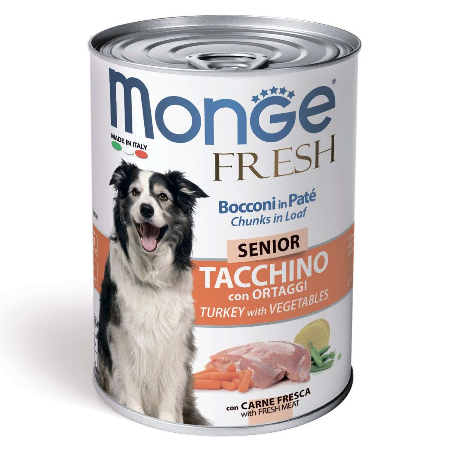 Корм для собак MONGE Dog Fresh Chunks in Loaf для пожилых мясной рулет индейка с овощами консервированный 400г - фото 1
