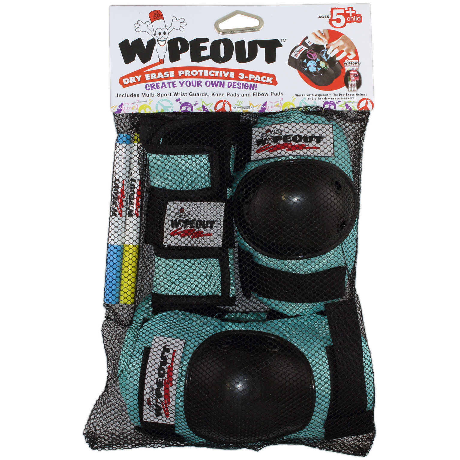 Комплект защиты 3-в-1 WIPEOUT Teal бирюзовый с фломастерами и трафаретами наколенники налокотники для запястья - фото 3