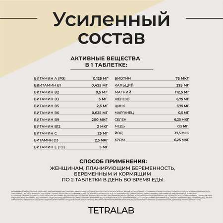 БАД TETRALAB Пренатал мультивитамины и минералы для беременных женщин таблетки №60