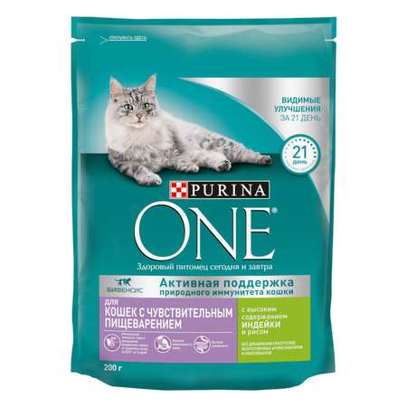 Корм для кошек Purina One при чувствительном пищеварении индейка-рис 200г