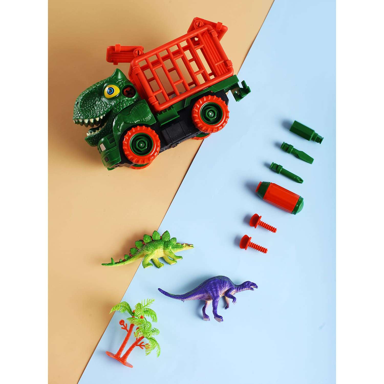 Машинка конструктор Limei Динозавр с клеткой и фигурками отвертка в комплекте - фото 4