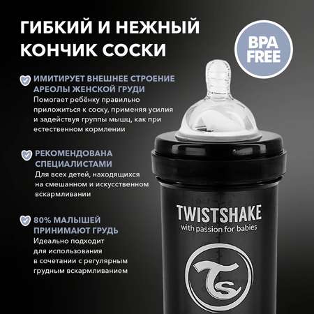 Бутылочка Twistshake антиколиковая 180мл Чёрная