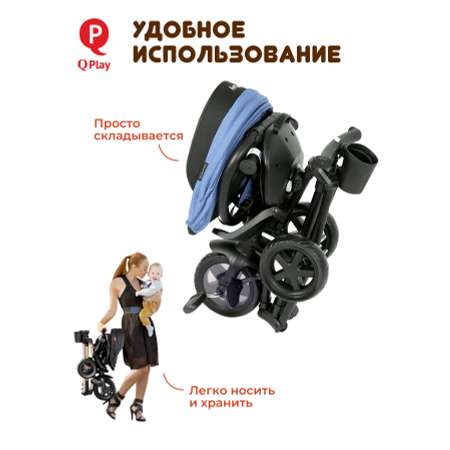 Велосипед трехколесный Q-Play Nova Niello 360° EVA синий складной с ручкой