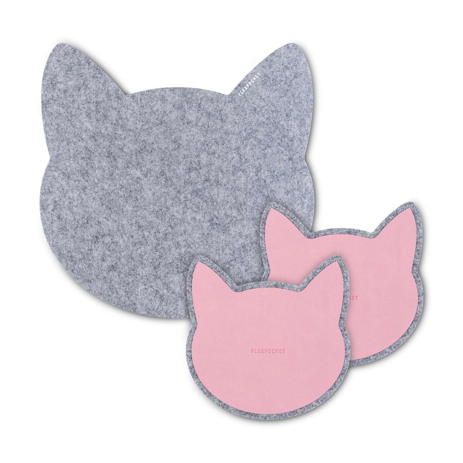 Настольный коврик Flexpocket для мыши в виде кошки + комплект с подставкой под кружку светло-серый - фото 1