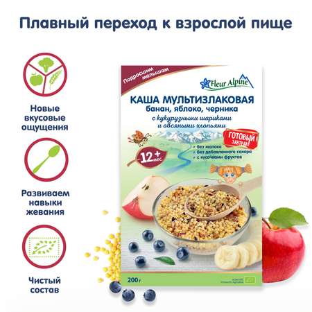 Каша Fleur Alpine мультизлаковая банан-яблоко-черника с кукурузными шариками и овсяными хлопьями 200г с 12месяцев