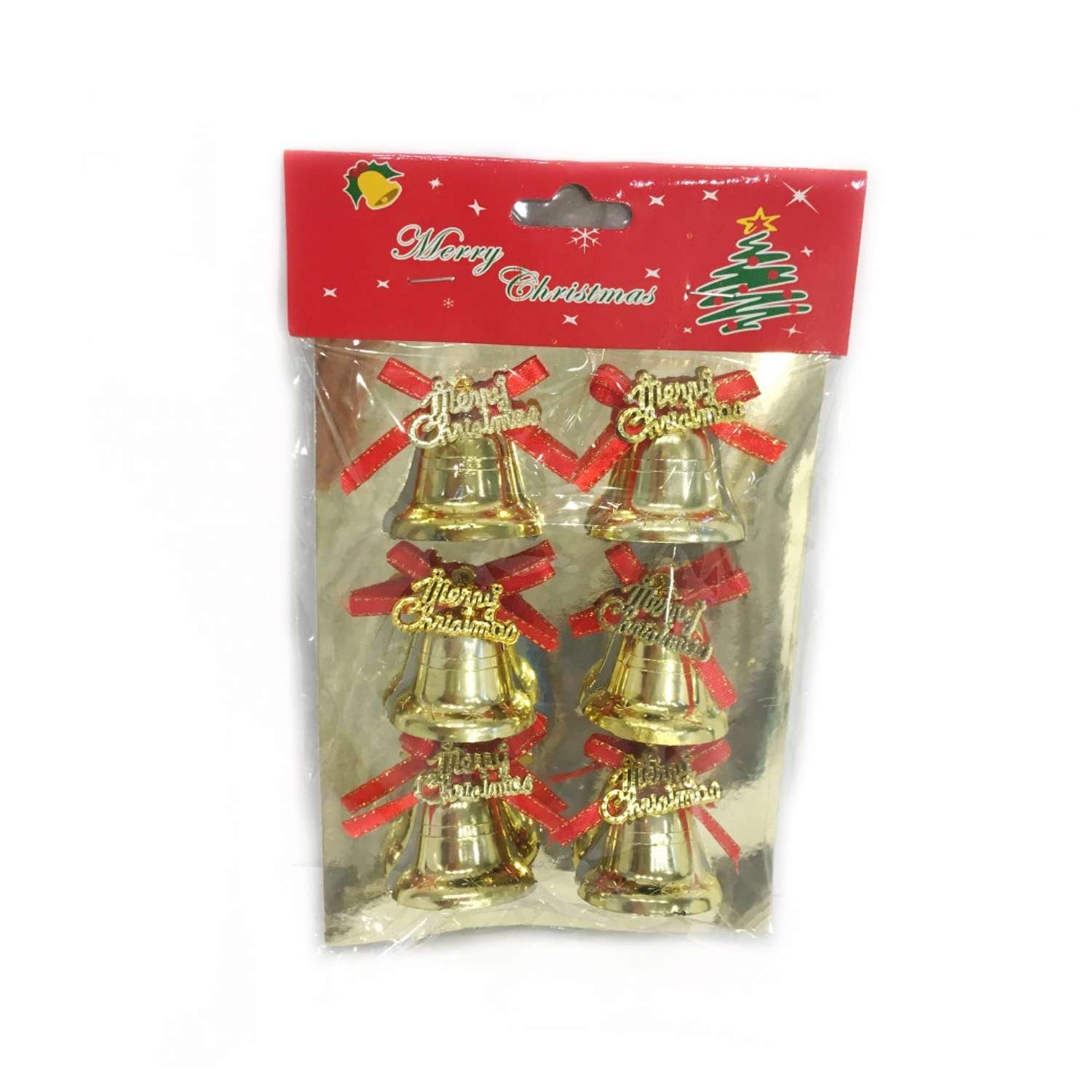 Елочное украшение Rabizy Золотые колокольчики с красным бантиком 6 шт - фото 1