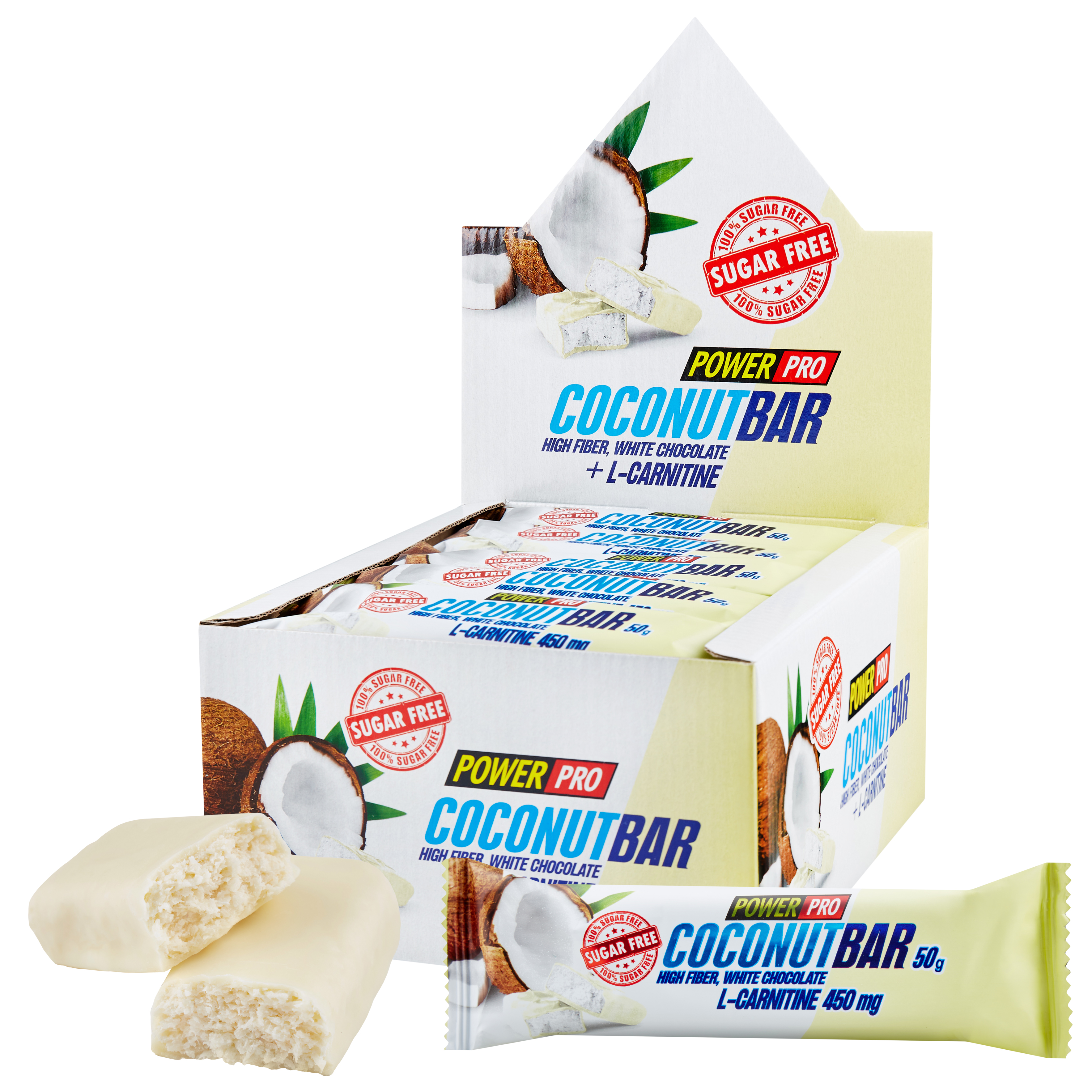 Батончик без сахара POWER PRO Coconut Bar в белом шоколаде 50г (10 шт) - фото 1