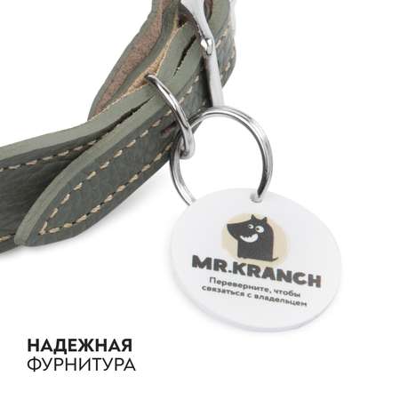 Ошейник-селедка для собак Mr.Kranch из натуральной кожи с QR-адресником 24-30см Оливковый