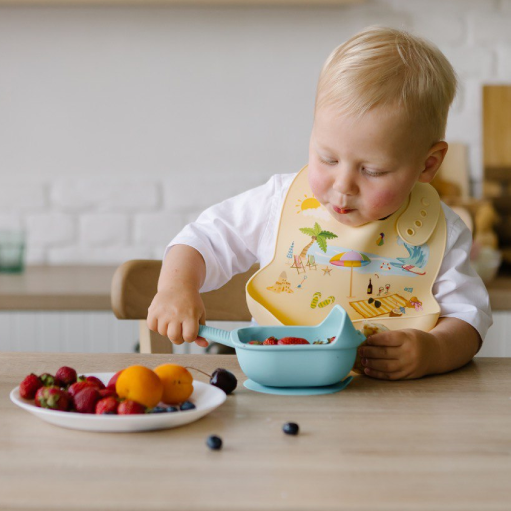 Набор детской посуды iSюминка Силиконовая тарелка на присоске и ложка Аквамарин - фото 10
