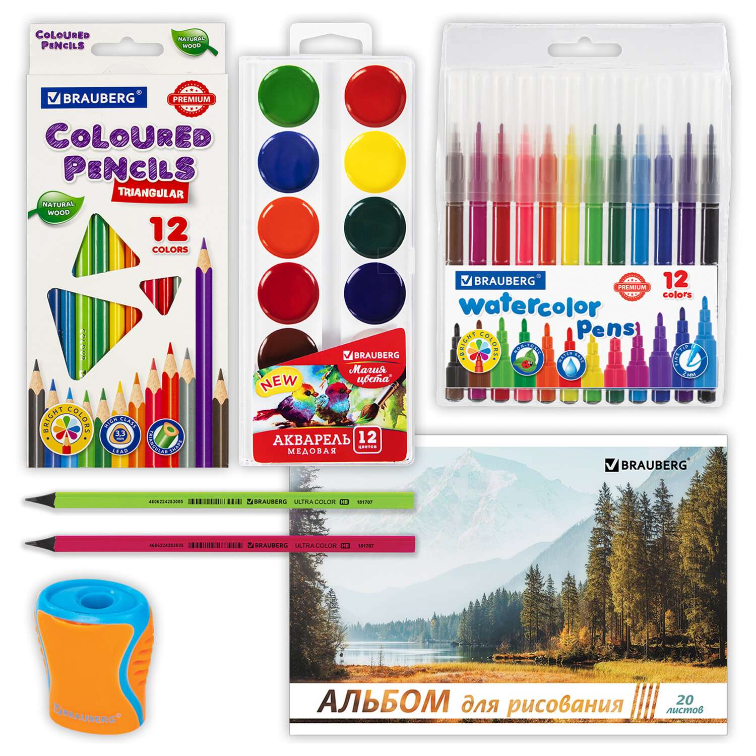 Набор для рисования Brauberg детского творчества краски кисти альбом в школу 6 предметов - фото 1