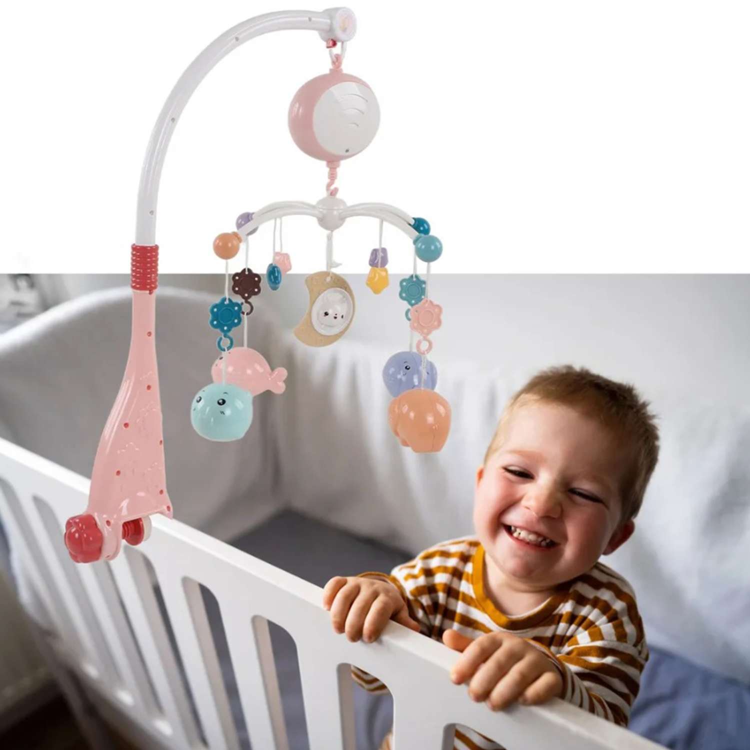 Мобиль розовый рыбки и слоник ТОТОША с пультом и проектором каруселька детская в кроватку для новорожденных - фото 2