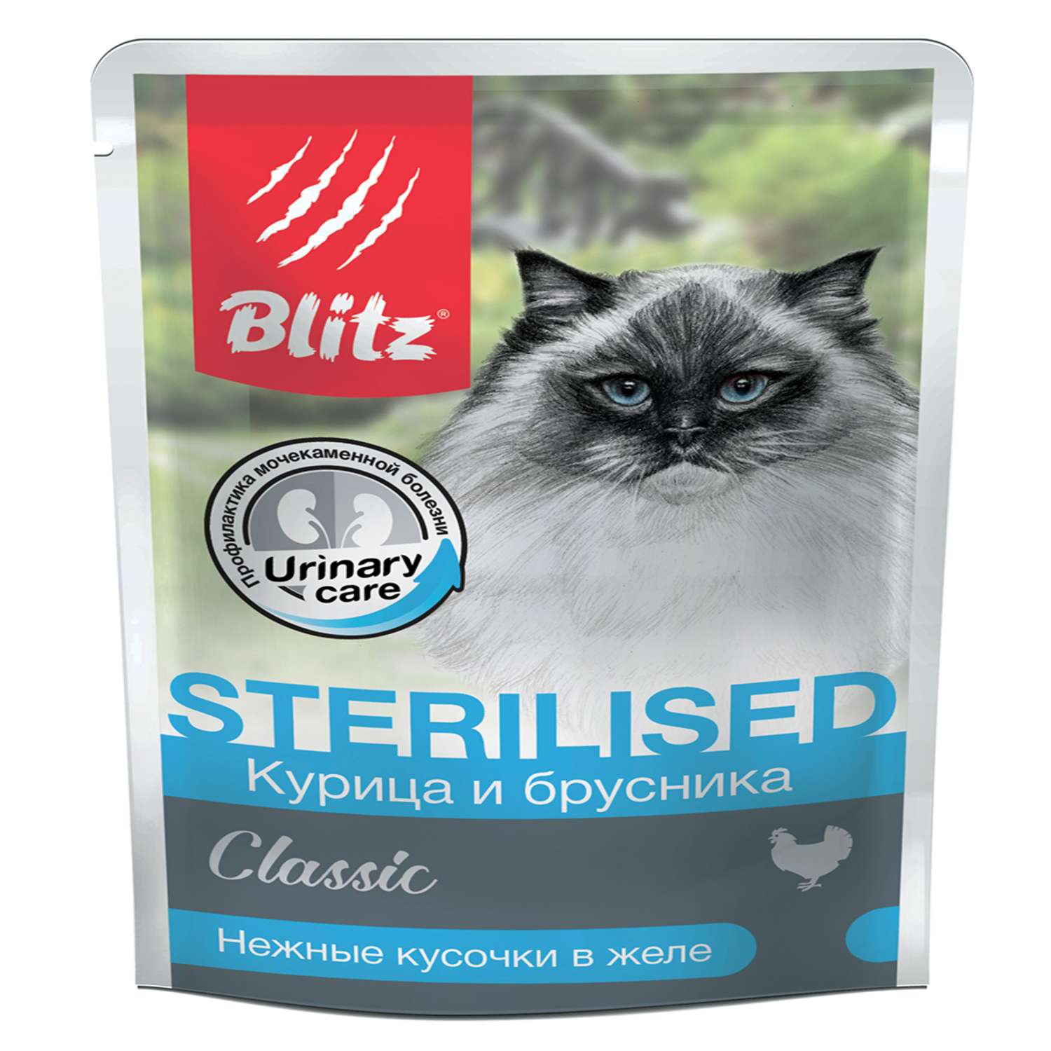 Корм для кошек и котов Blitz Classic Sterilised для стерилизованных и кастрированных курица-брусника кусочки в желе 85г - фото 1
