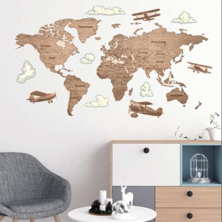 Наклейка интерьерная Woozzee Карта мира под дерево