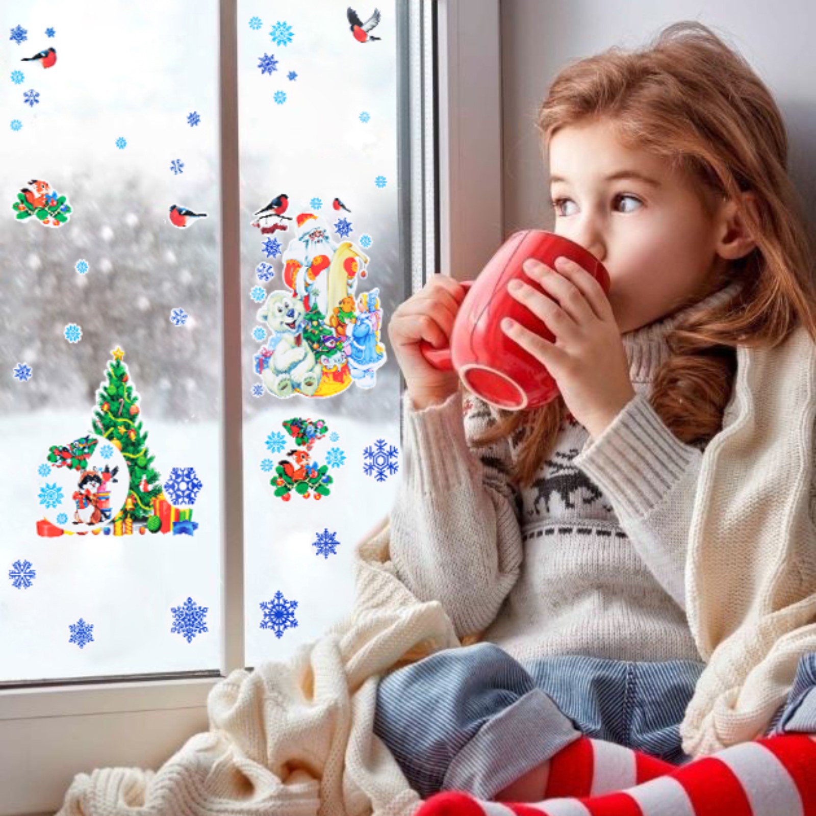 Набор наклеек Sima-Land На окна «Новогодний» ёлочка снегири Дед Мороз 36 х 36 см - фото 3