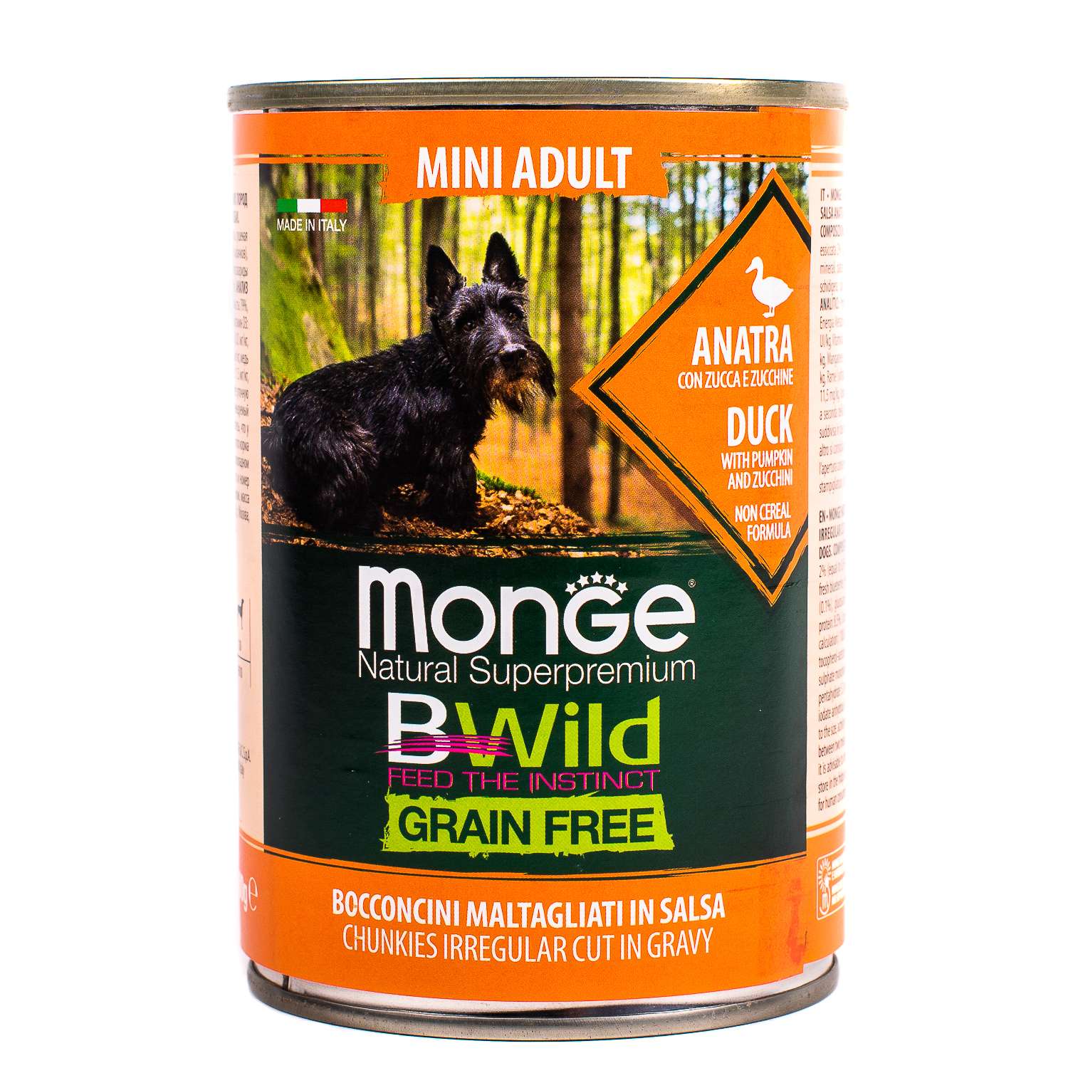 Корм для собак MONGE BWild Grain free Mini мелких пород из утки с тыквой и кабачками консервированный 400г - фото 2
