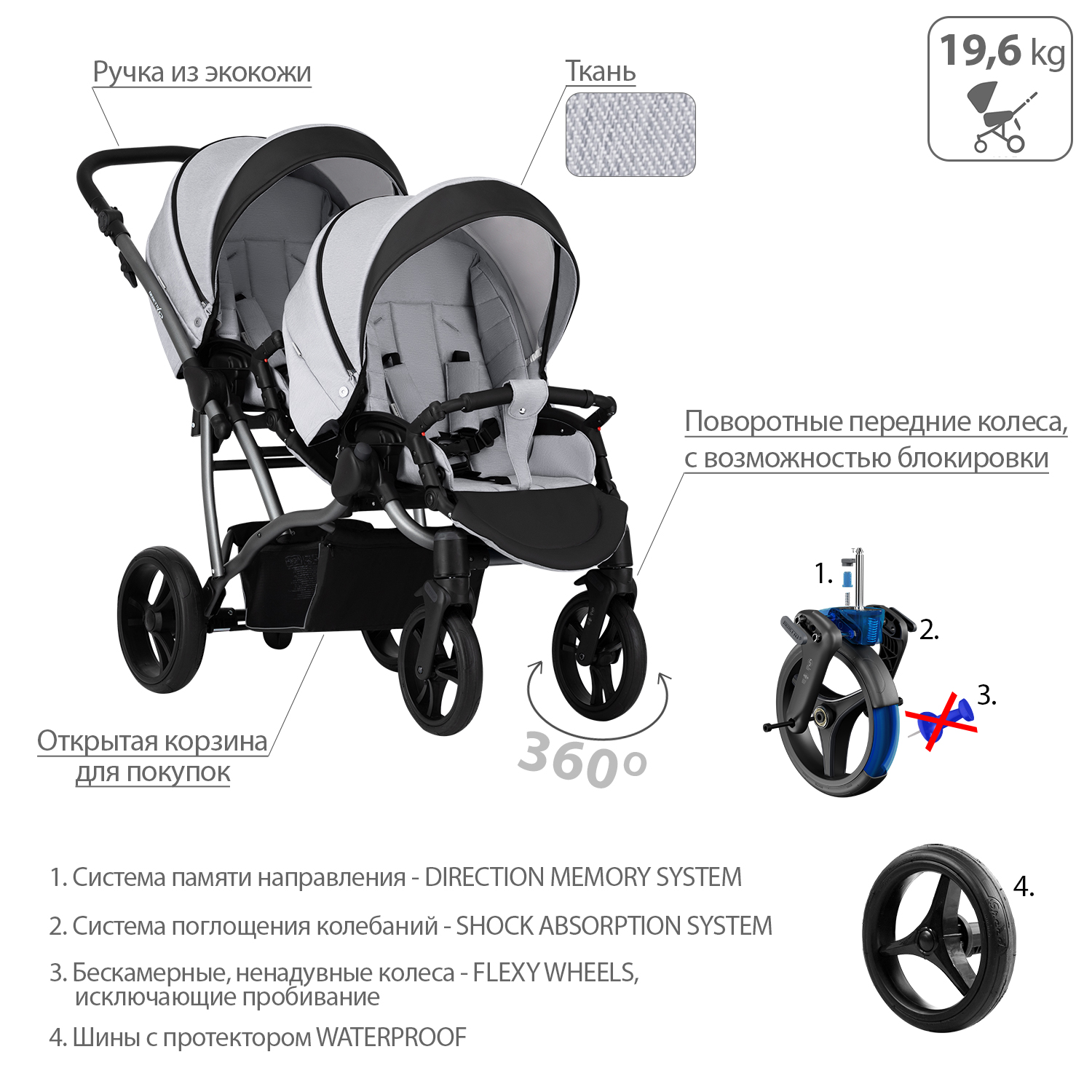 Коляска прогулочная для двойни Bebetto 42 Sport Comfort 03 шасси Графит - фото 5