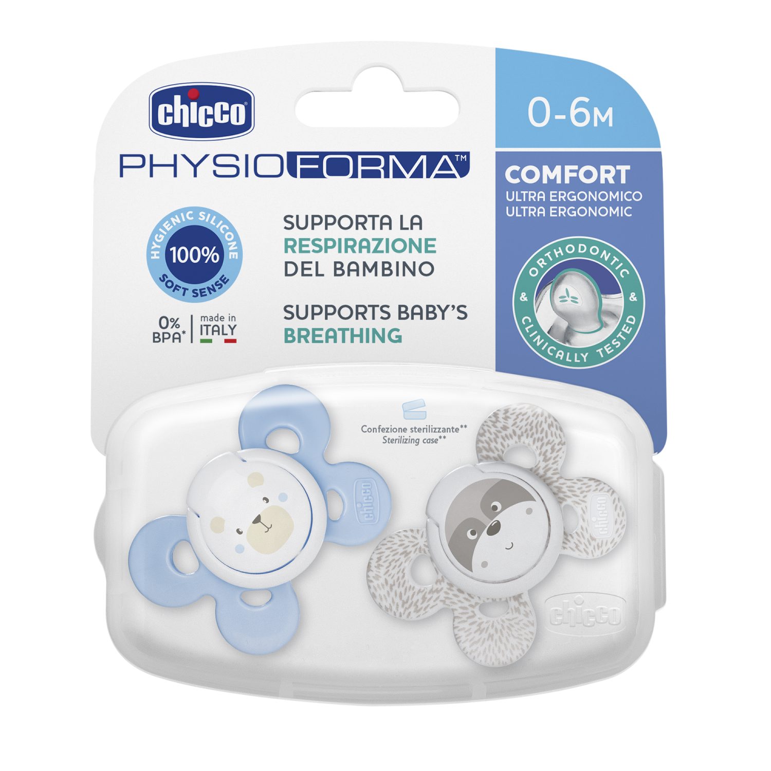 Пустышка CHICCO Physio Comfort 2шт 0-6мес силикон Blue рисунок собачка енот - фото 1