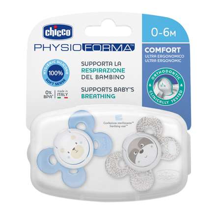 Пустышка CHICCO Physio Comfort 2шт 0-6мес силикон Blue рисунок собачка енот