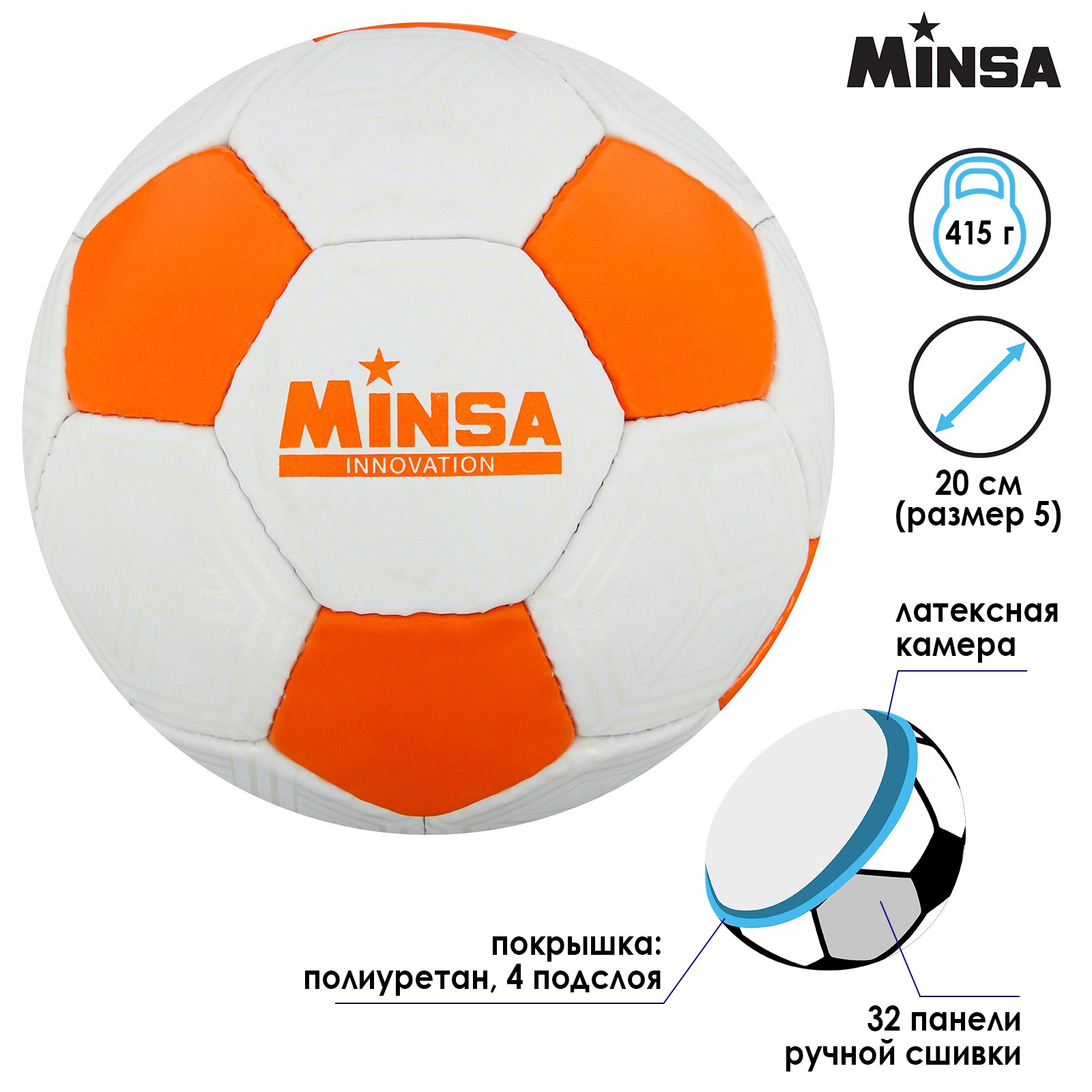 Мяч MINSA футбольный PU. ручная сшивка. 32 панели. размер 5. 415 г - фото 2