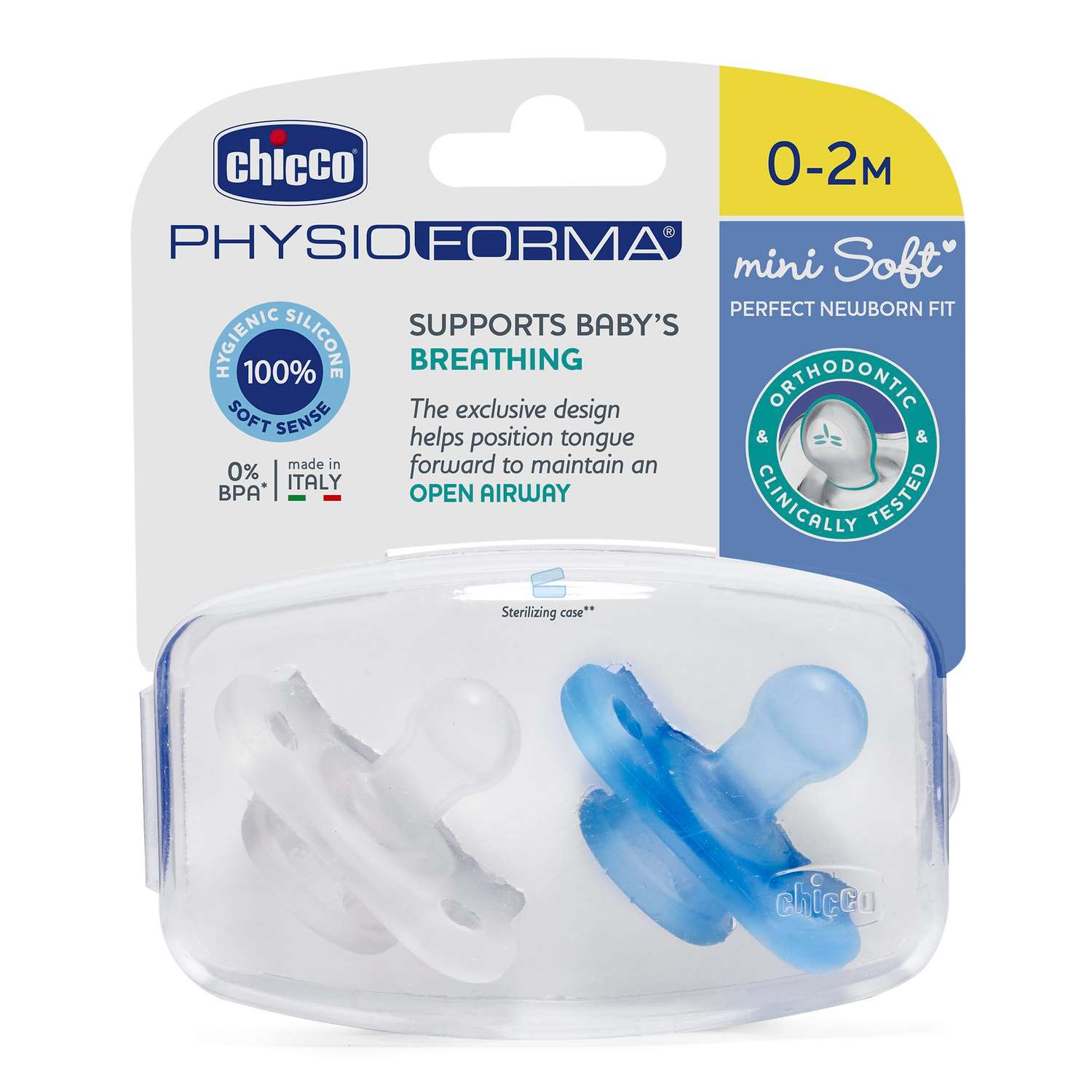 Пустышка CHICCO Physio Soft Mini 2шт 0-2 мес силикон голубая - фото 1