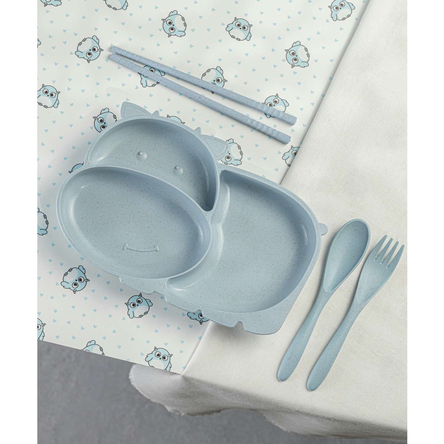 Набор детской посуды Добрый Филин Тарелка вилка ложка Коровка голубая 4 предмета - фото 10