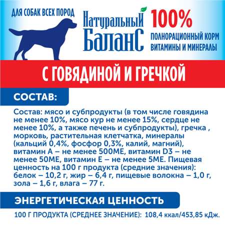 Корм влажный для собак Натуральный Баланс с говядиной и гречкой 340г х 12шт