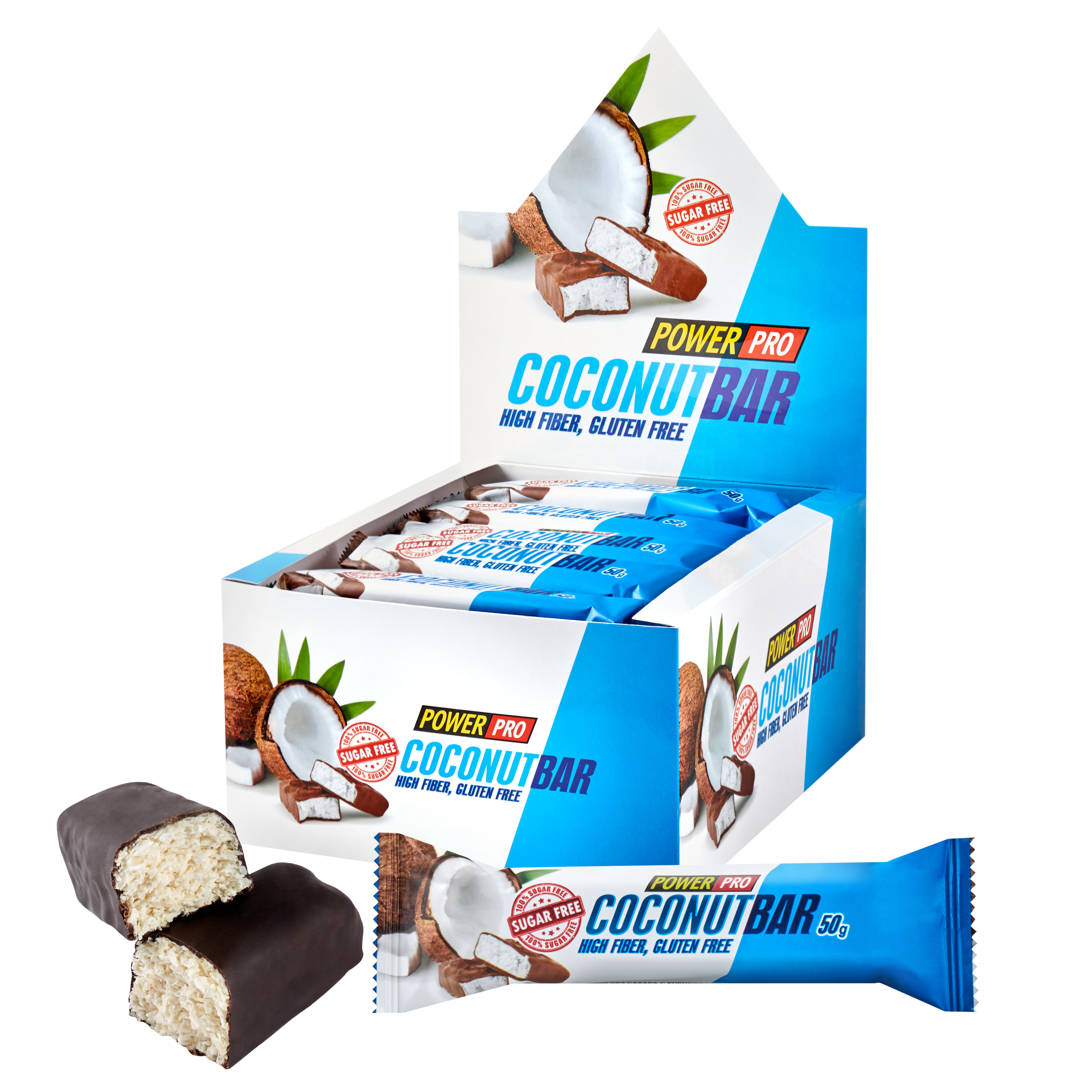 Батончик без сахара POWER PRO Coconut Bar в темном шоколаде 50г - фото 1