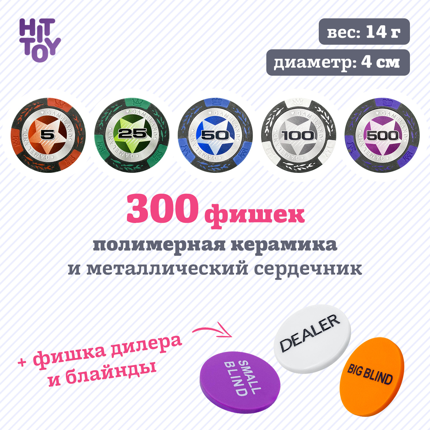 Покерный набор HitToy Black Stars 300 фишек с номиналом в чемодане - фото 3