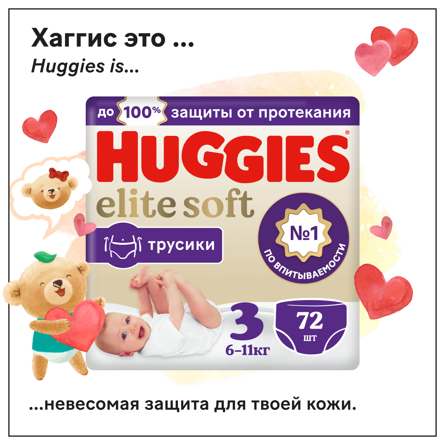 Подгузники-трусики Huggies Elite Soft 3 6-11кг 72шт - фото 1