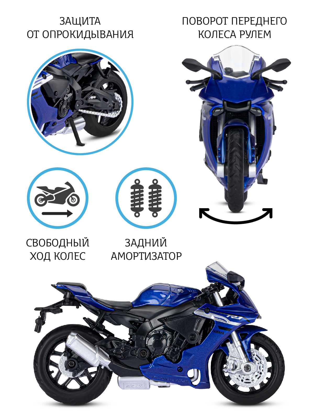 Мотоцикл металлический АВТОпанорама игрушка детская 1:18 YAMAHA YZF-R1  синий свободный ход колес купить по цене 1296 ₽ в интернет-магазине Детский  мир