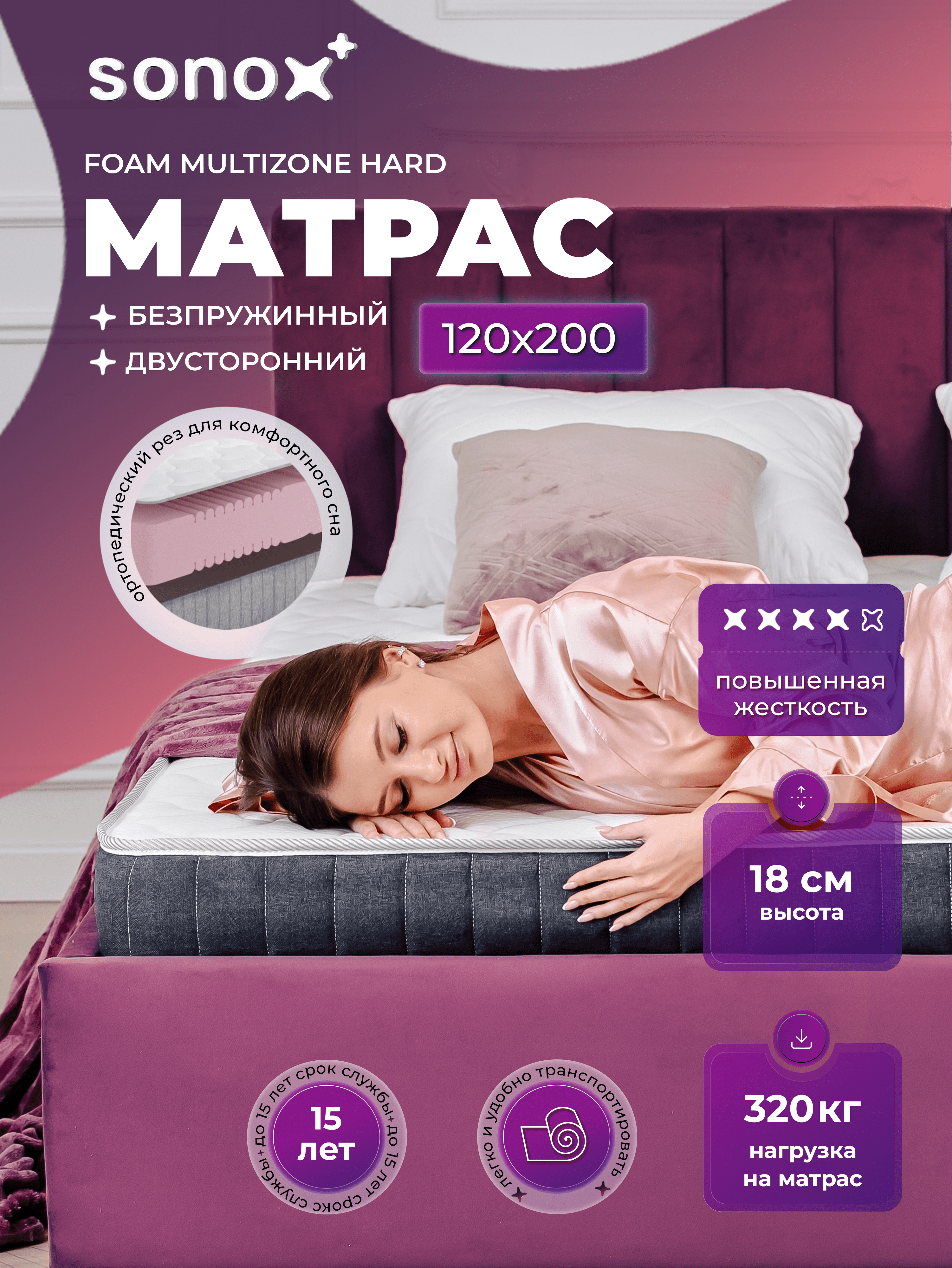 Матрас 120х200 SONOX беспружинный высокая жесткость - фото 1