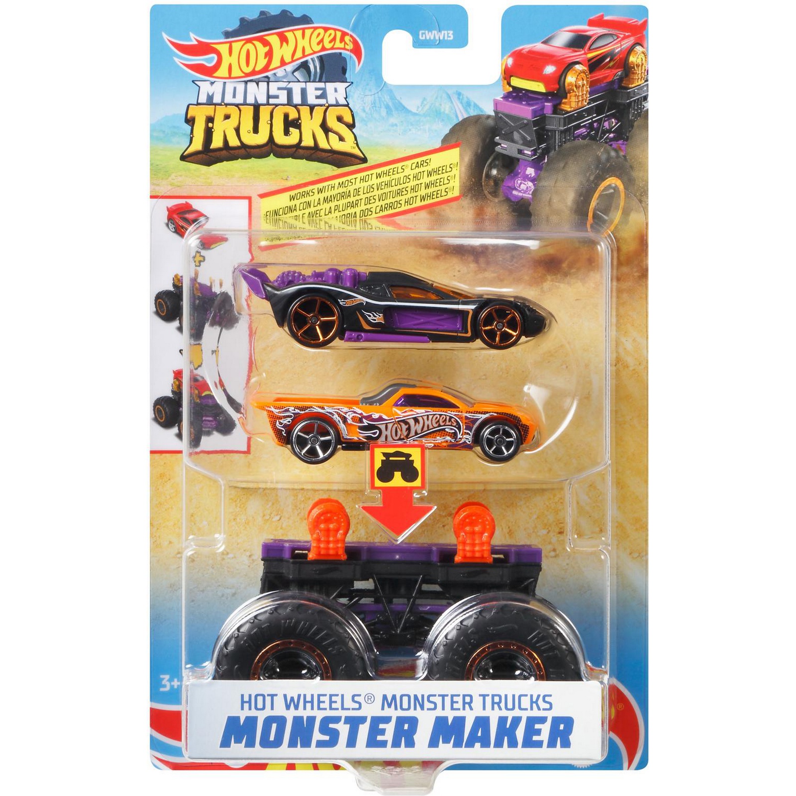 Набор Hot Wheels Monster Trucks Монстр-мейкер с 2машинками и шасси  Фиолетовый GWW16 купить по цене 199 ₽ в интернет-магазине Детский мир