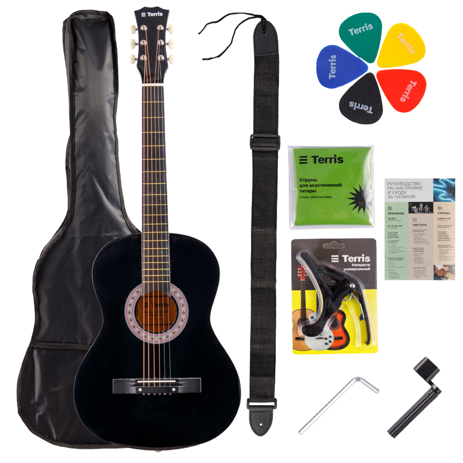 Набор гитариста Terris TF-038 BK Starter Pack фолк гитара черного цвета и комплект аксессуаров - фото 1