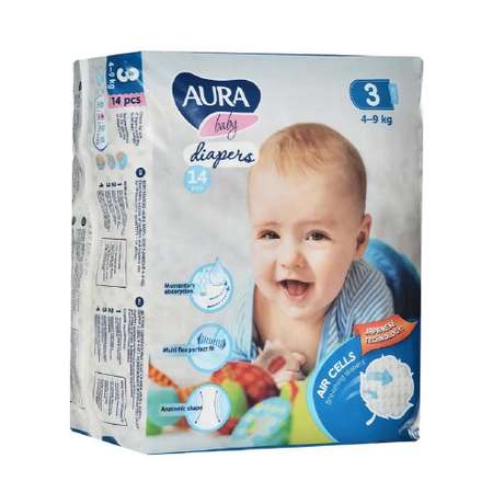 Подгузники AURA BABY одноразовые для детей 3/M 4-9 кг 14шт
