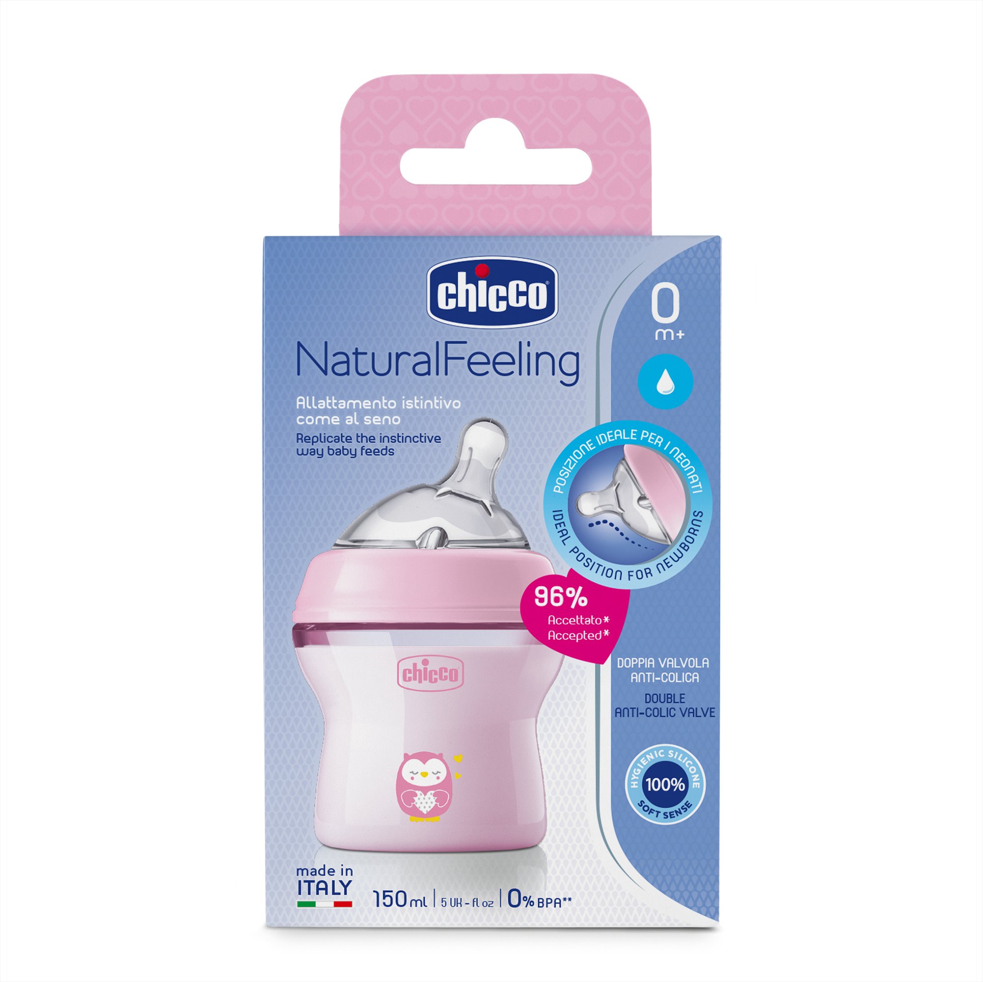 Бутылочка Chicco Natural Feeling 150 мл с 0 мес+ Розовая силиконовая соска - фото 4