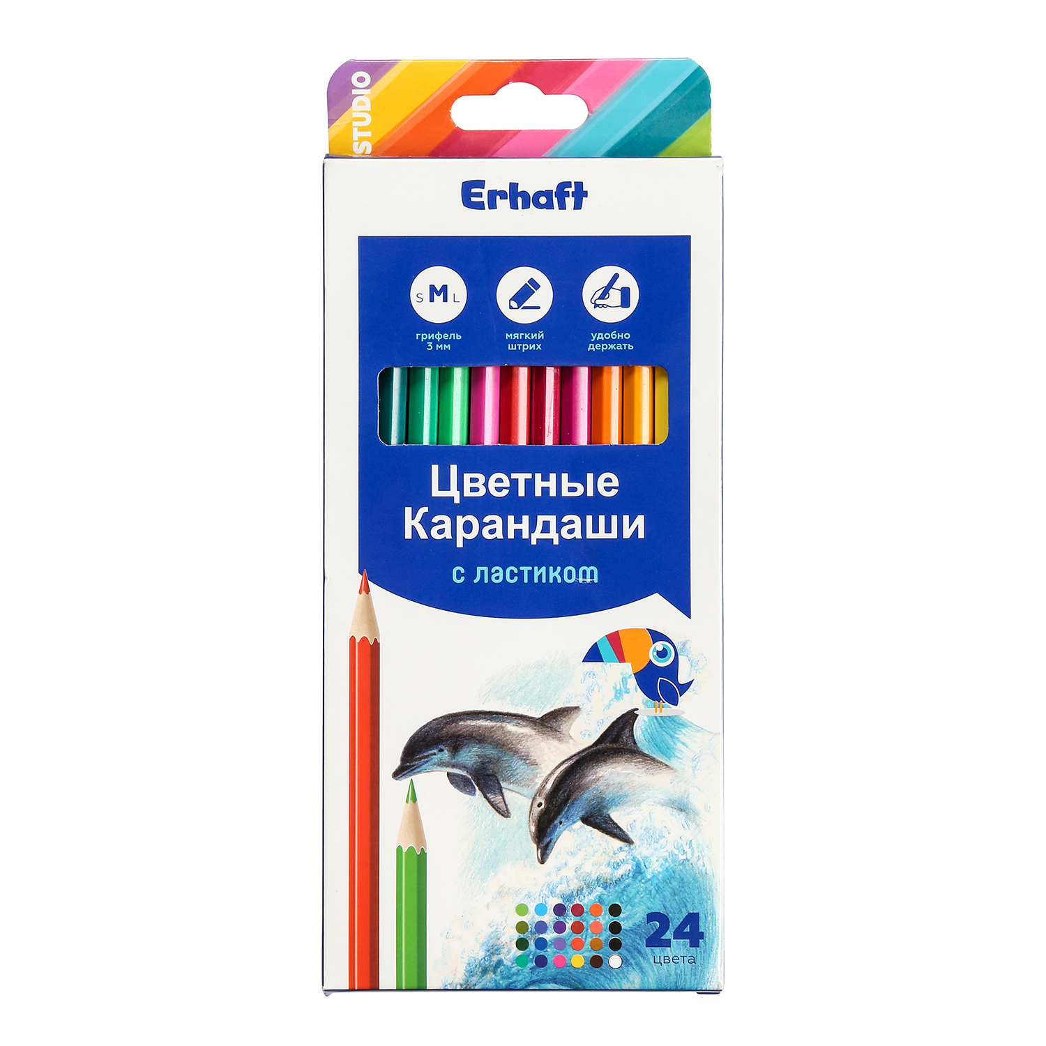 Карандаши цветные Erhaft Studio с ластиком 24шт MF924162-24 - фото 1