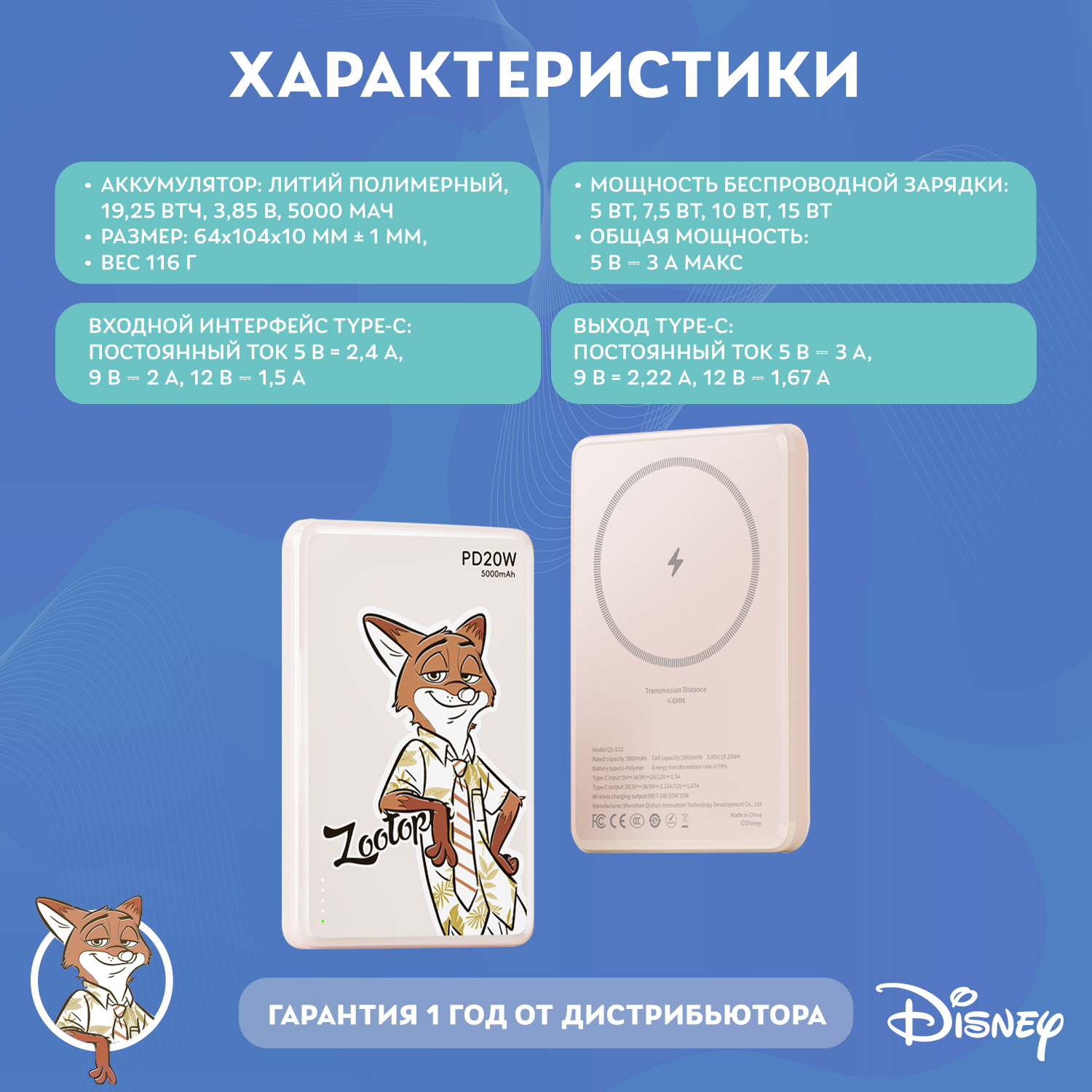 Внешний аккумулятор Disney беспроводной магнитный Зверополис Лис Ник Уайлд 5000 мАч QS-D12 - фото 4