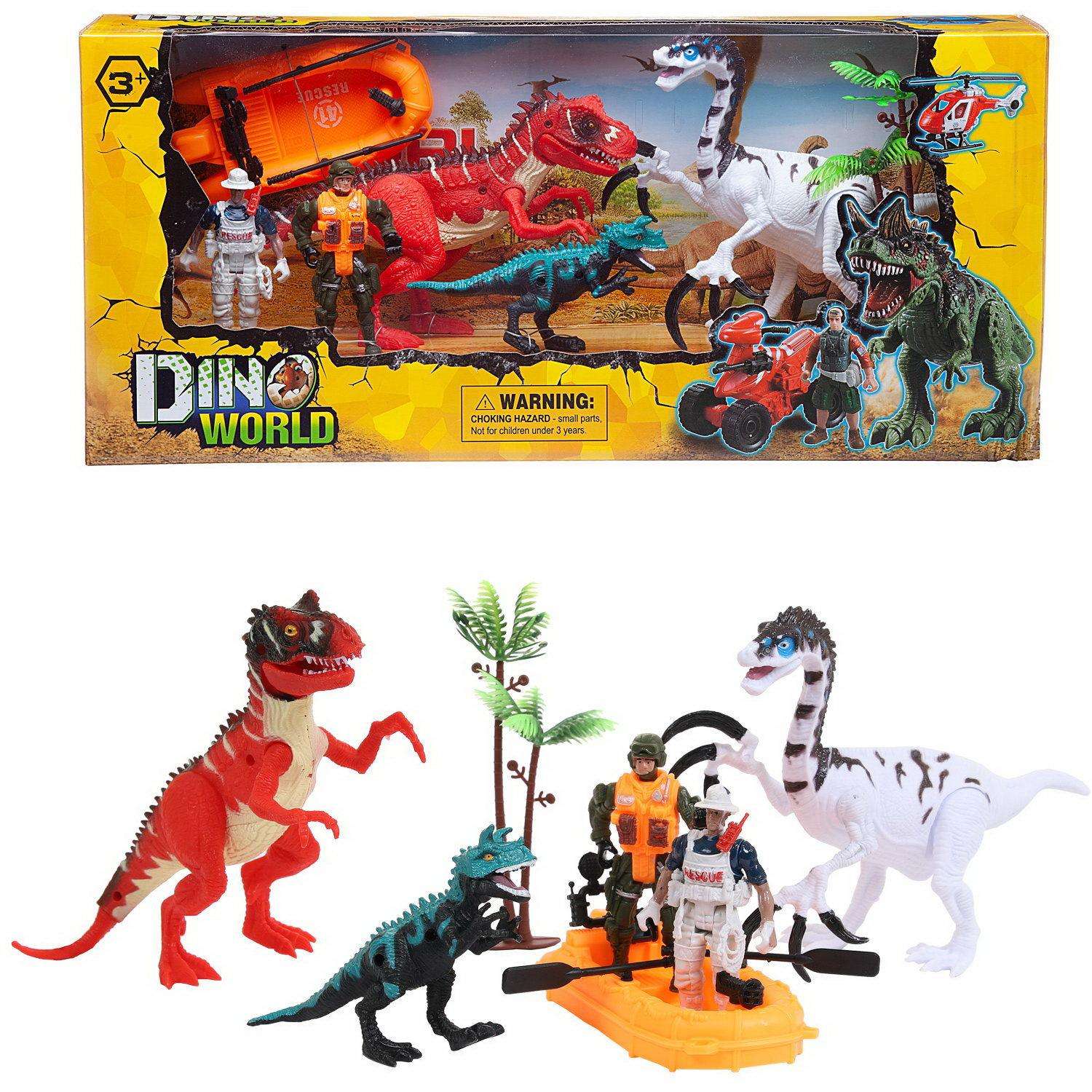 Игровой набор Мир динозавров Junfa 2 больших 1 маленький 2 фигурки человека Лодка Аксессуары - фото 1