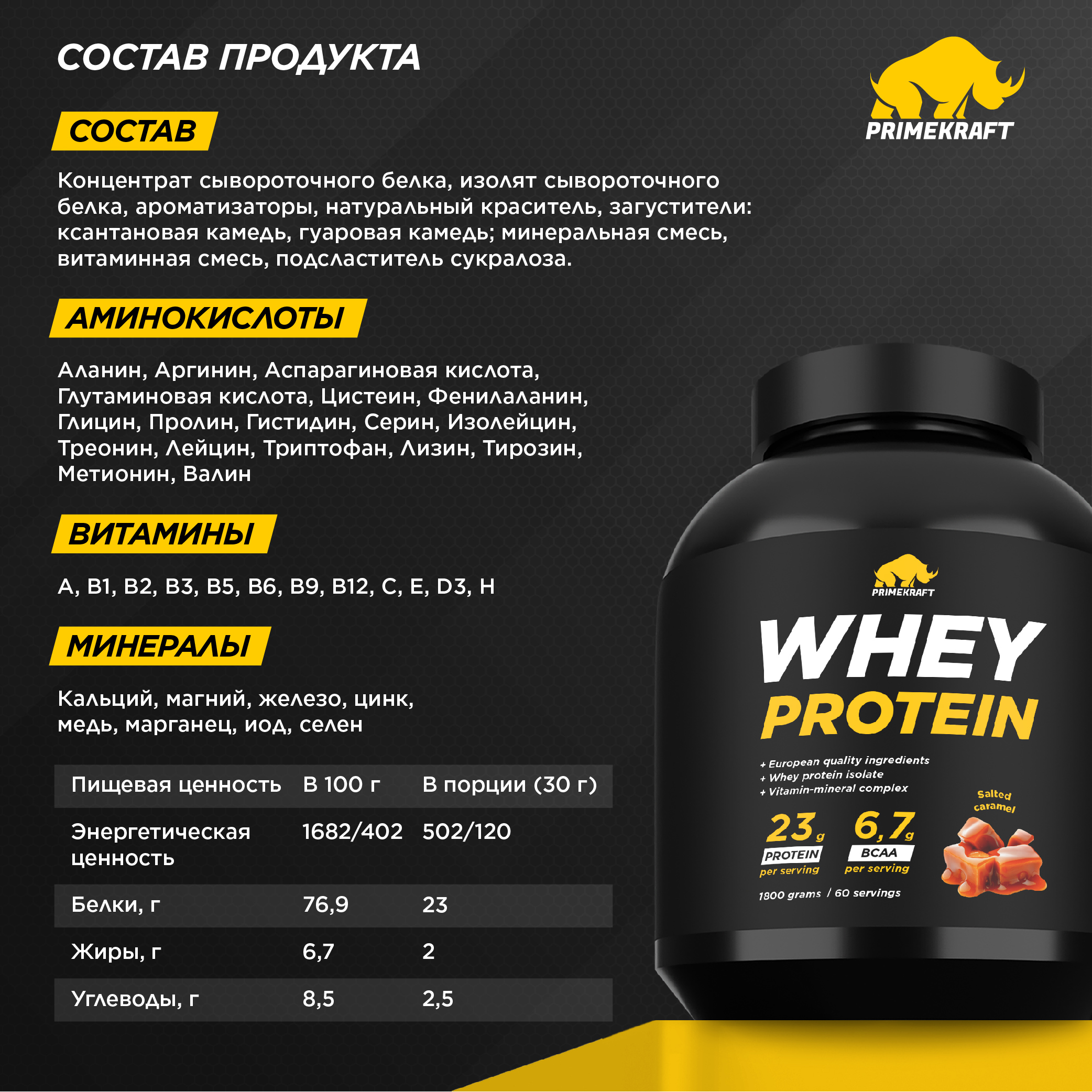 Протеин WHEY Prime Kraft Соленая карамель 1800г банка - фото 2