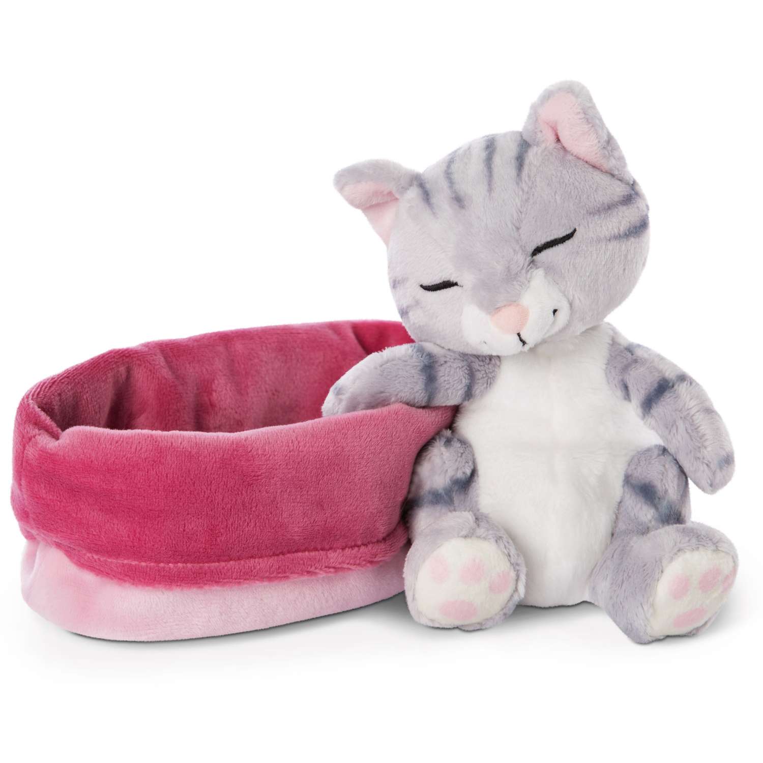 Игрушка мягкая Nici Спящий котик в розово-фиолетовой корзине Серый 47144 - фото 1