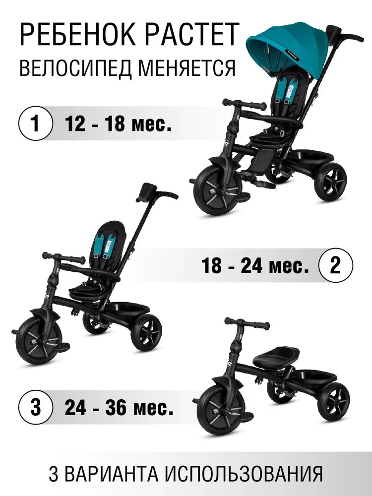 Велосипед-коляска детский CITYRIDE Xterra трехколесный диаметр 11 и 9 цвет бирюзовый - фото 4