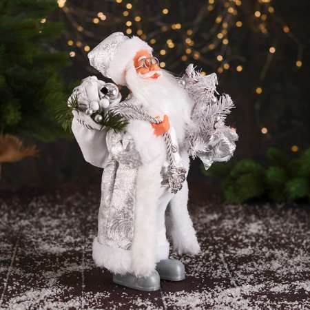 Дед мороз Зимнее волшебство «В высоком колпачке в ремешке и с мешком» 30 см серебристо-белый
