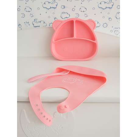 Набор посуды Baby Nice для детей с нагрудником силикон розовый